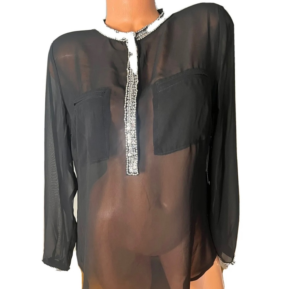 A.N.A. NWT Sheer Top Blouse L Petite LP Black Beaded Holiday
